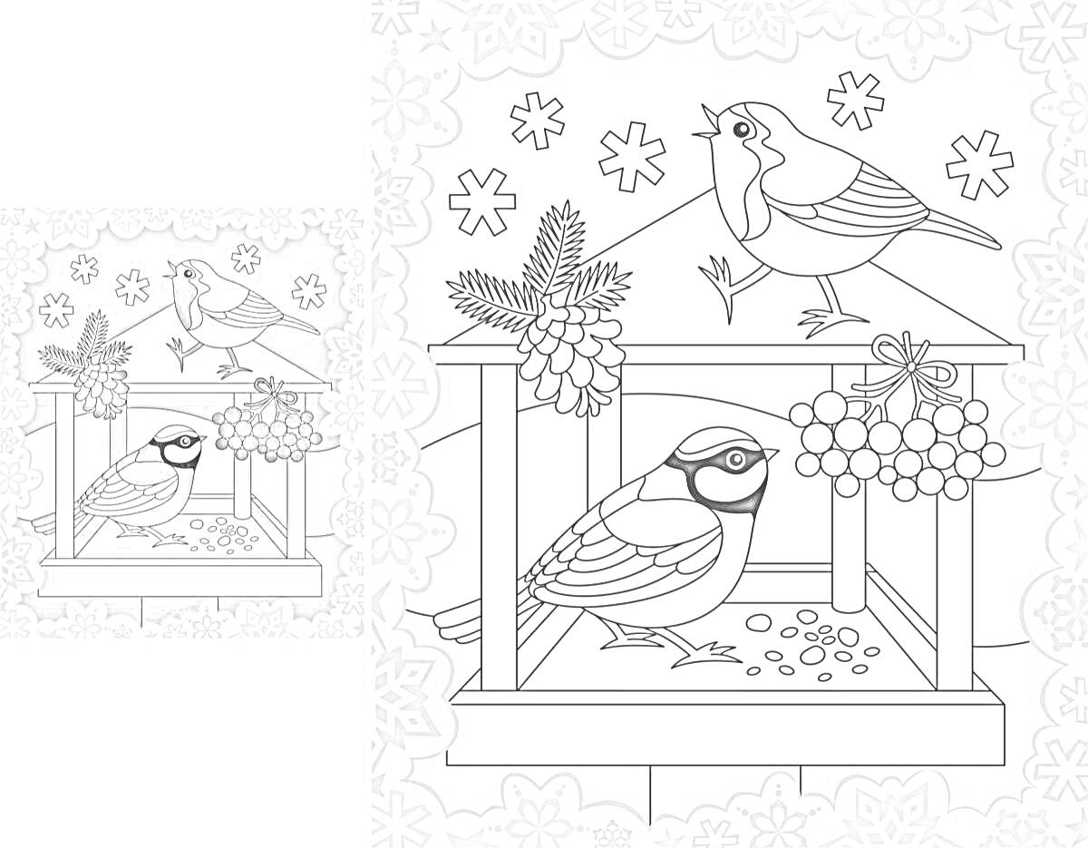 На раскраске изображено: Кормушка, Снегирь, Еда для птиц, Шишки, Ягоды, Снежинки, Зима, Синица
