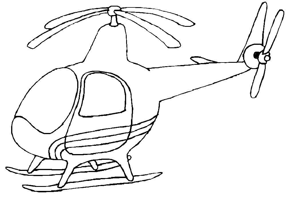 На раскраске изображено: Вертолет, Воздушный транспорт, Шасси, Кабина водителя, Пропеллеры
