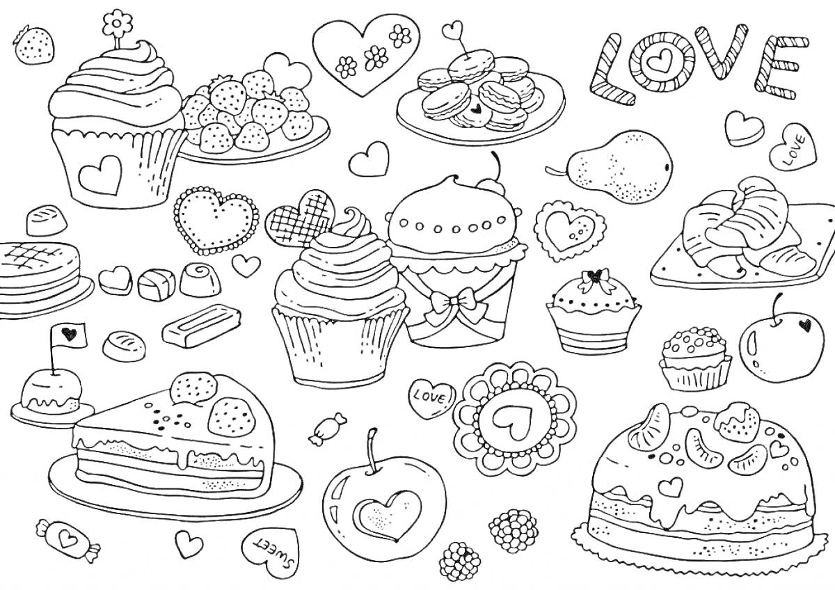 Раскраска кексы, пирожные, печенье, яблоки, конфеты, пирог, груша, слово LOVE, сердечки, макаруны