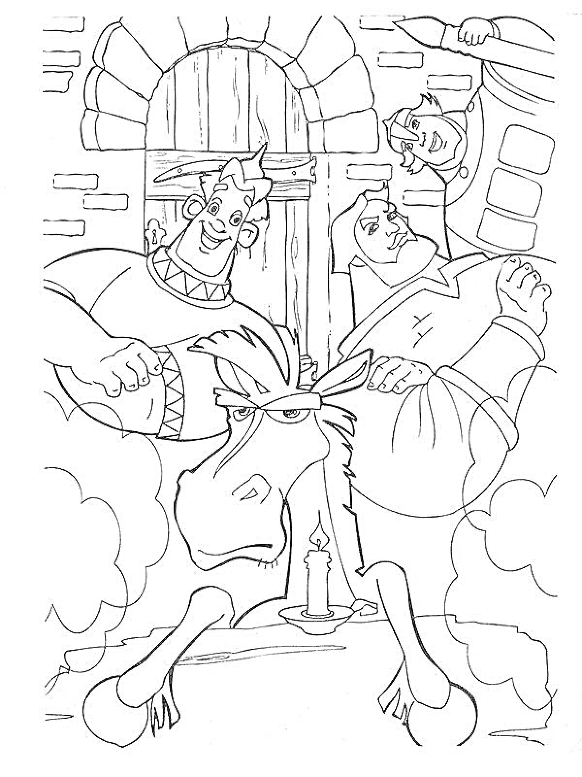 На раскраске изображено: Три богатыря, Конь, Кирпичная стена
