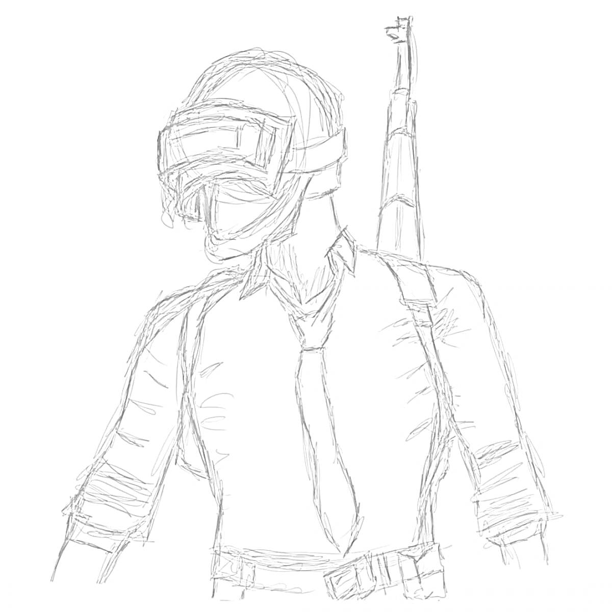 Раскраска Персонаж из PUBG с каской, очками и винтовкой