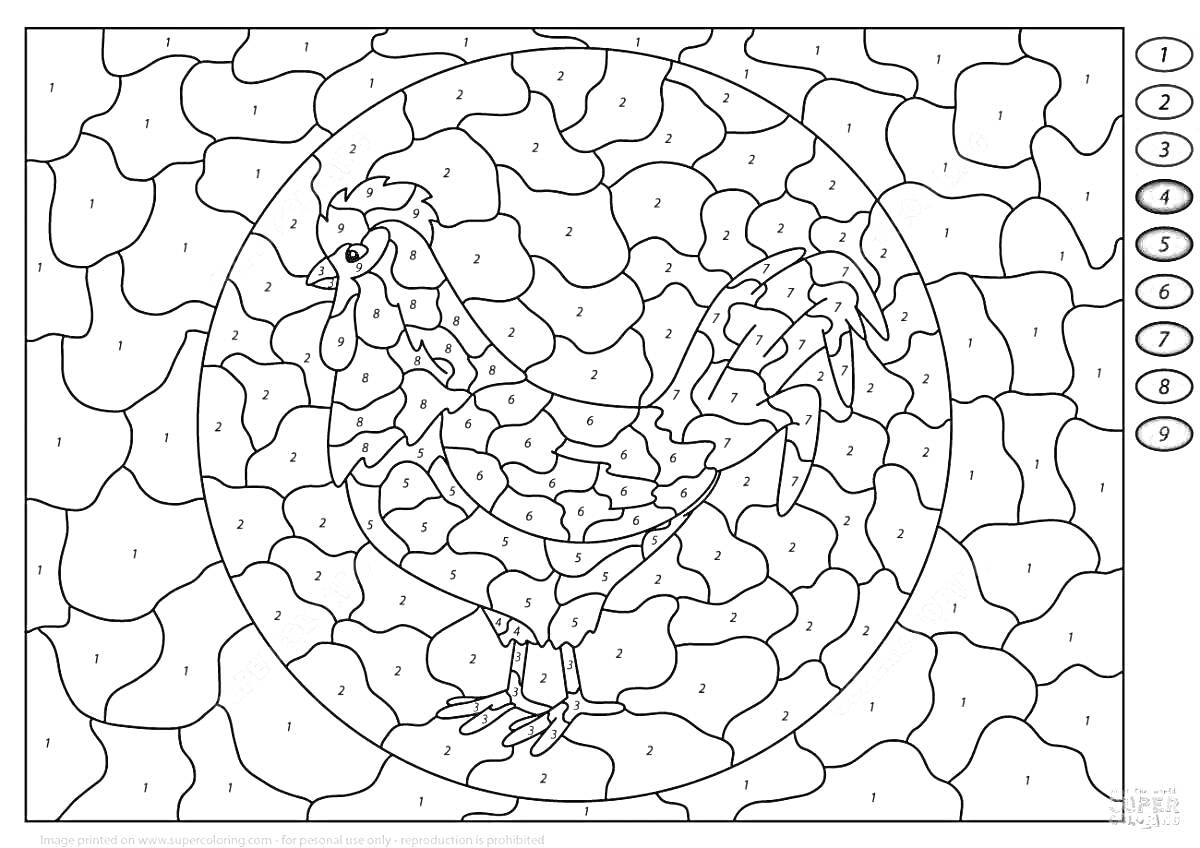 Раскраска Раскраска по номерам - петух с фоновыми элементами