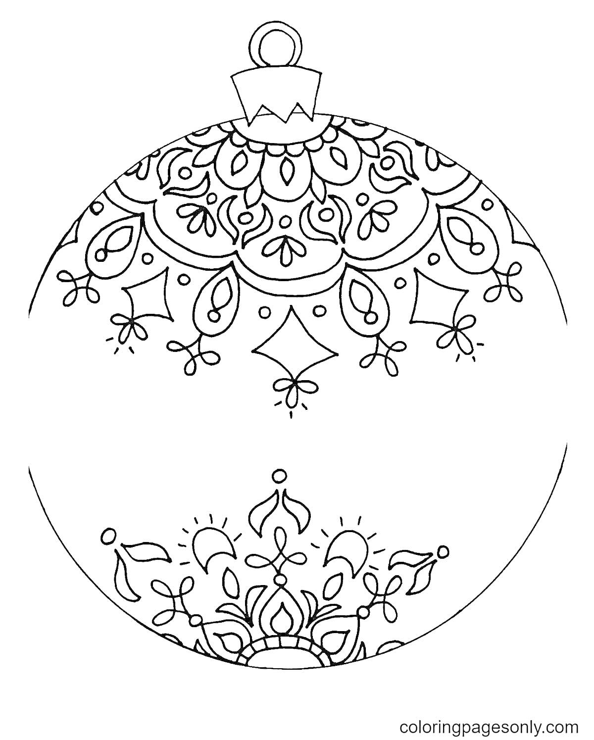 Раскраска новогодний шар с узорами, включающими узорчатые листья, ромбы, капли и полукруги