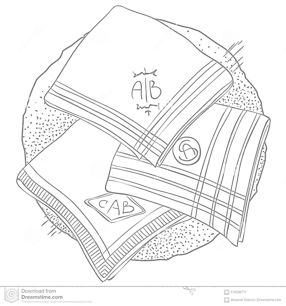 Раскраска Платок с буквами AB и узором, платок с буквой D в круге, платок с буквами CAB и узором, лежащие на текстурной поверхности