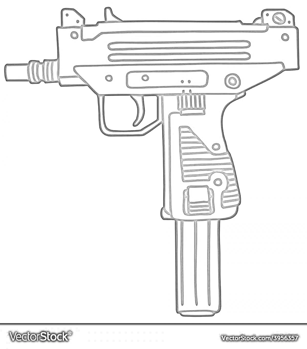 На раскраске изображено: Узи, Пистолет-пулемет, Оружие, Для детей