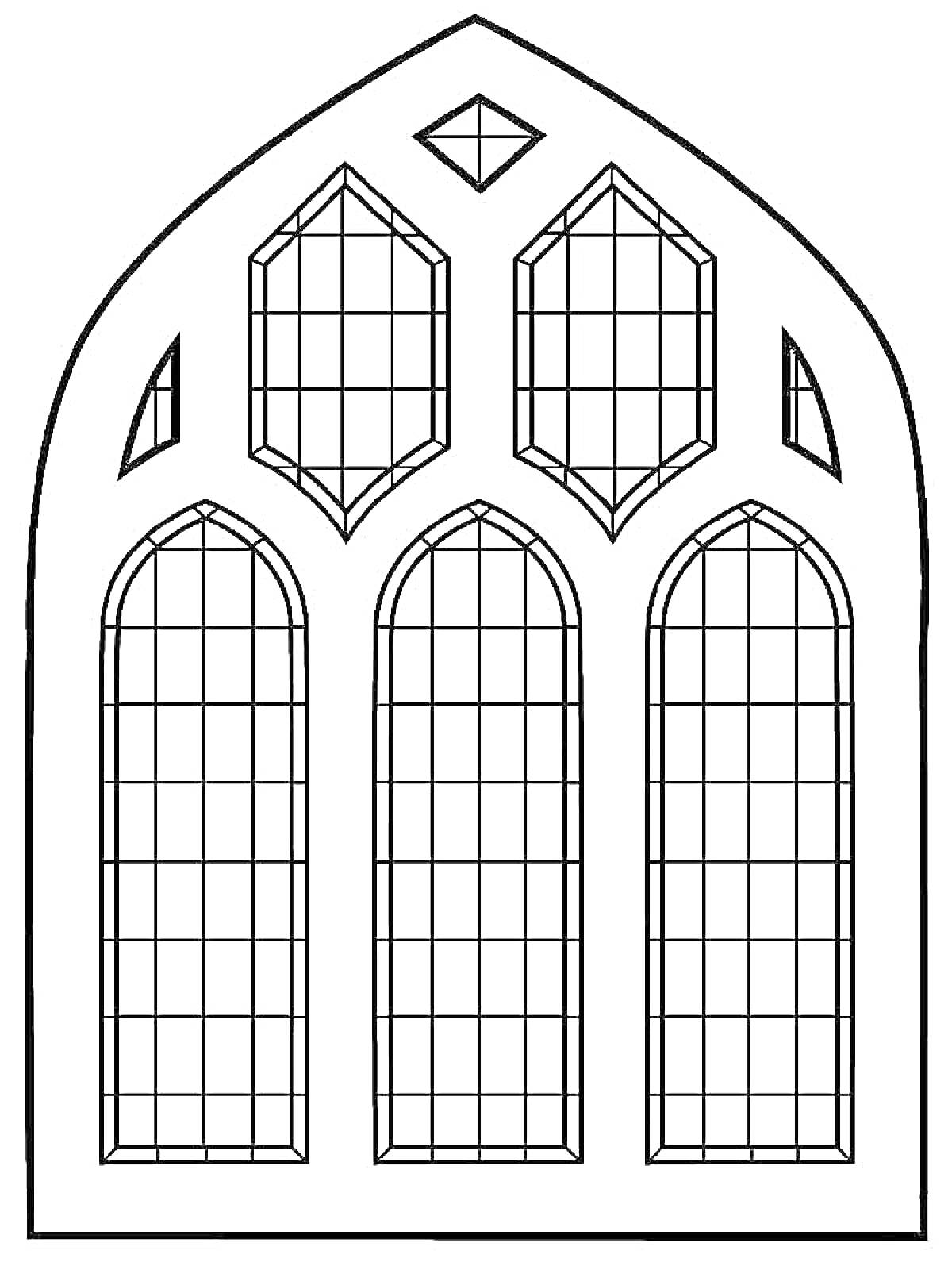Раскраска Готическое окно с пятью витражами и решетками