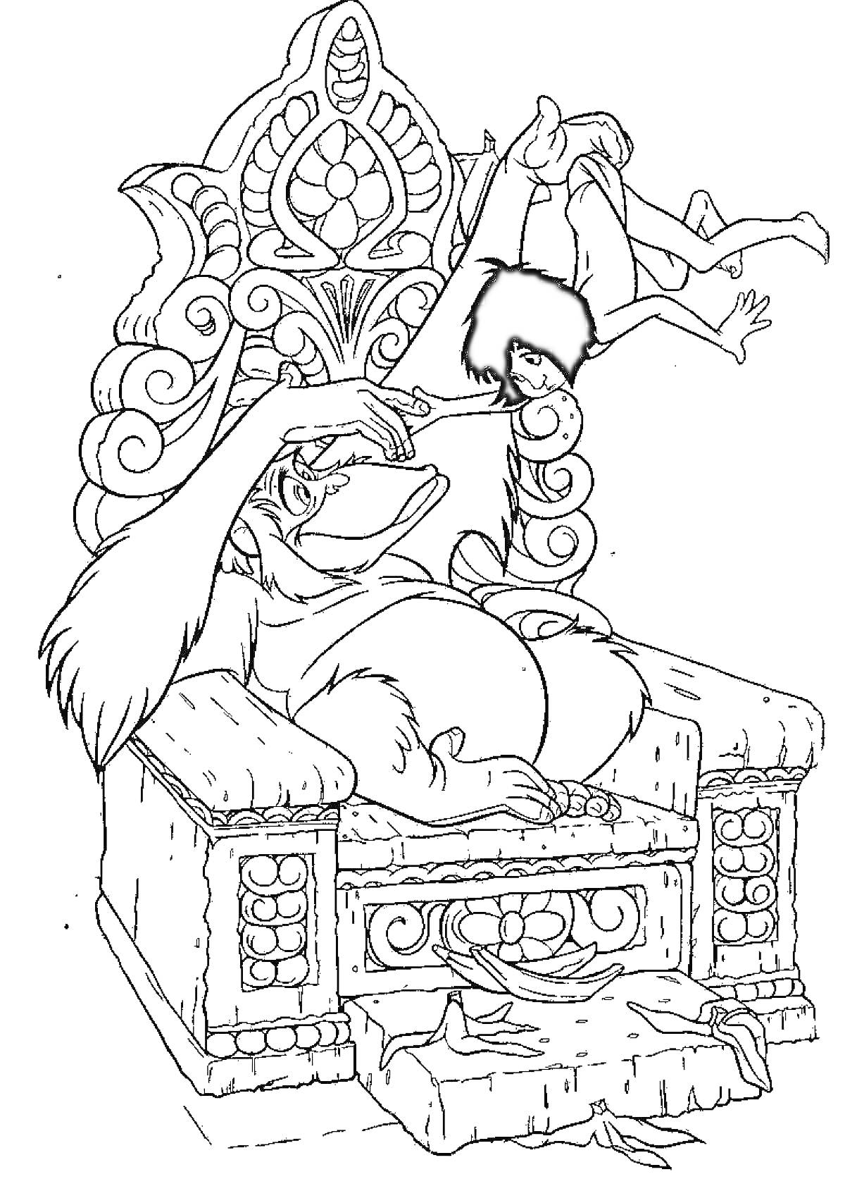 Раскраска Король обезьян держит Маугли за руку на троне