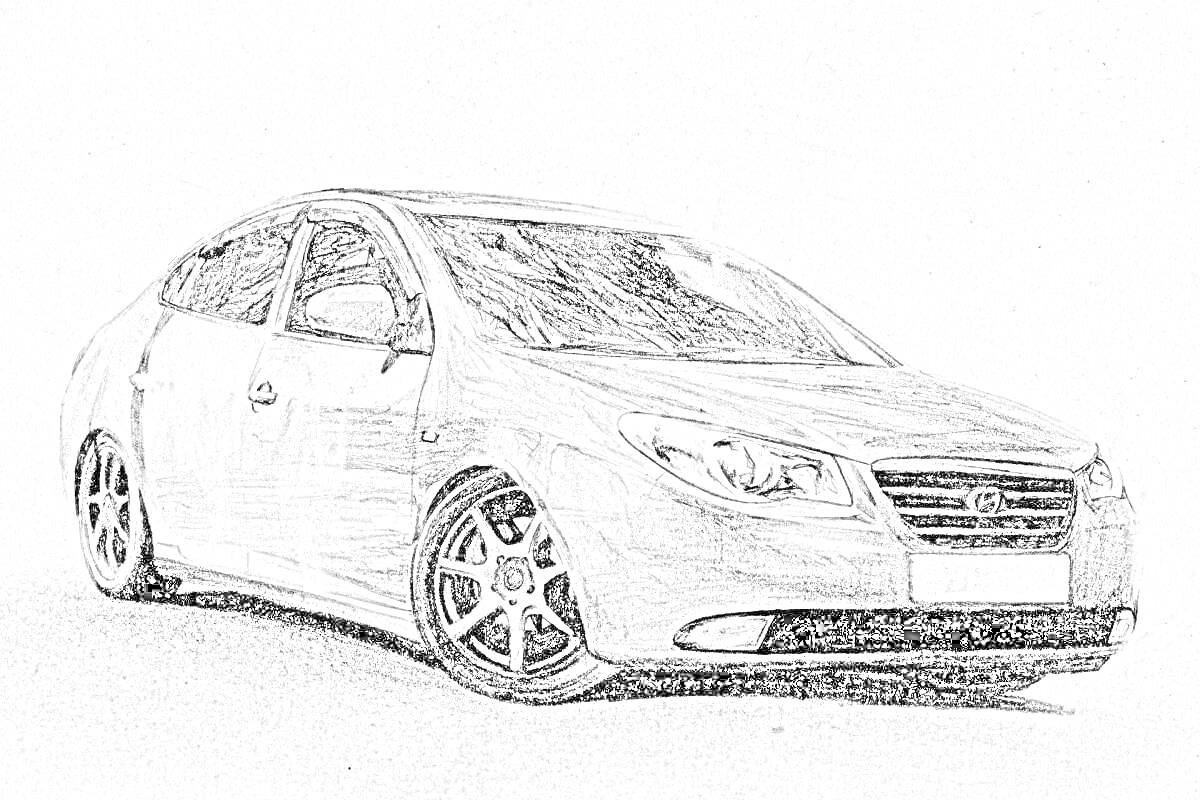 Раскраска Чёрно-белый рисунок автомобиля Hyundai Elantra с детализированными колесами и передней решёткой радиатора