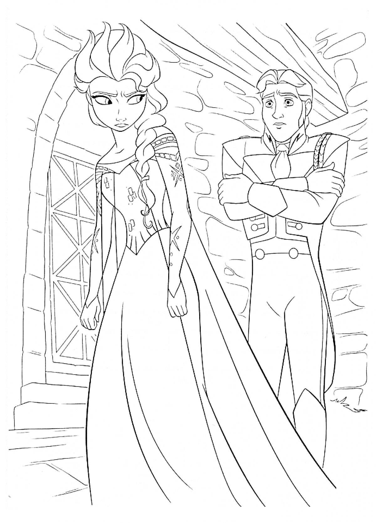 Раскраска Принцесса с косой и принц в замке