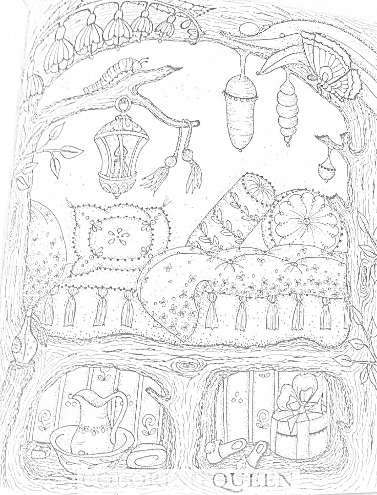 Раскраска Лесной домик с кроватью, фонарем, декоративной подушкой, чайником и подарочной коробкой