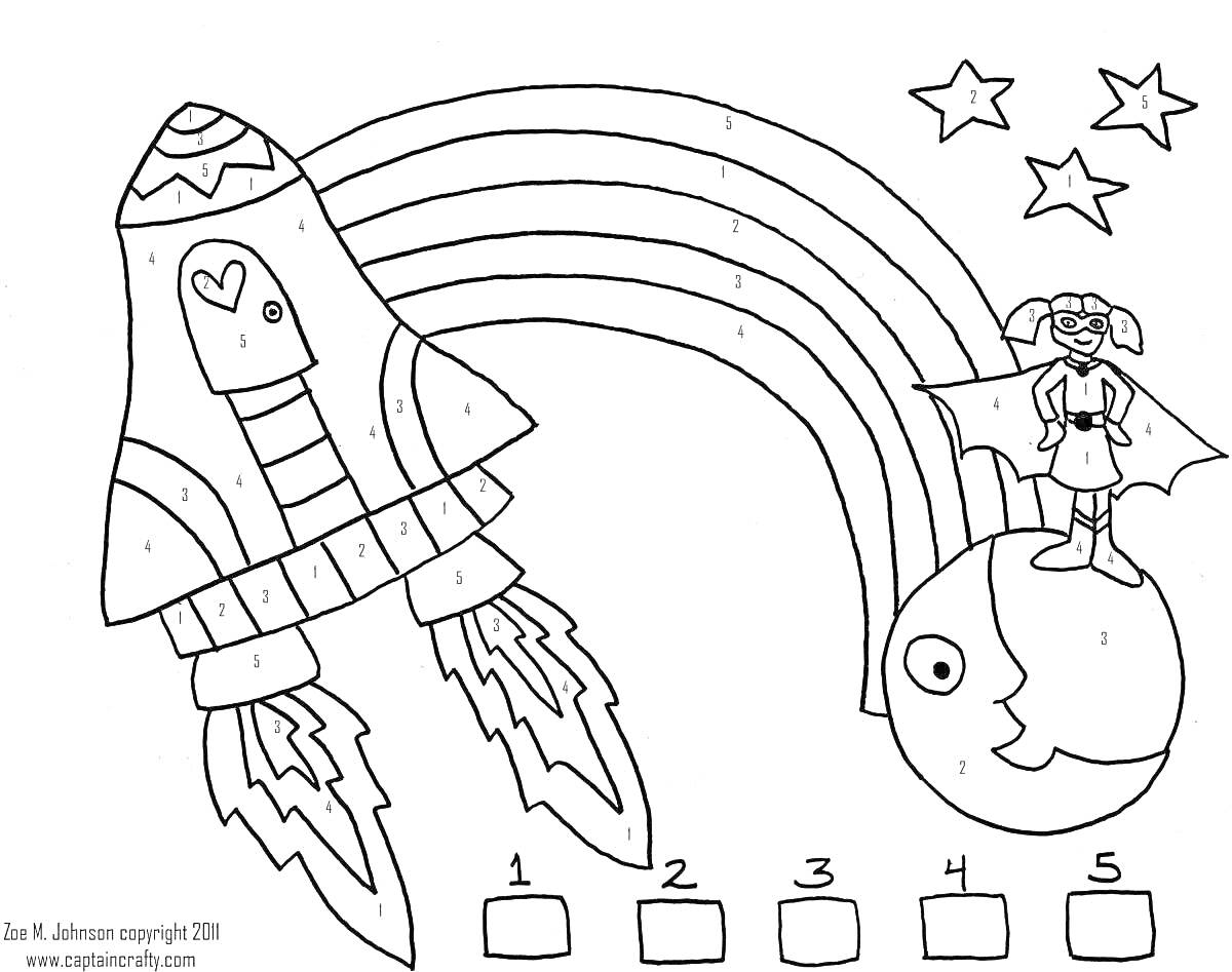 Раскраска Ракета, радуга, планета с лицом, девочка-супергерой на планете, звезды