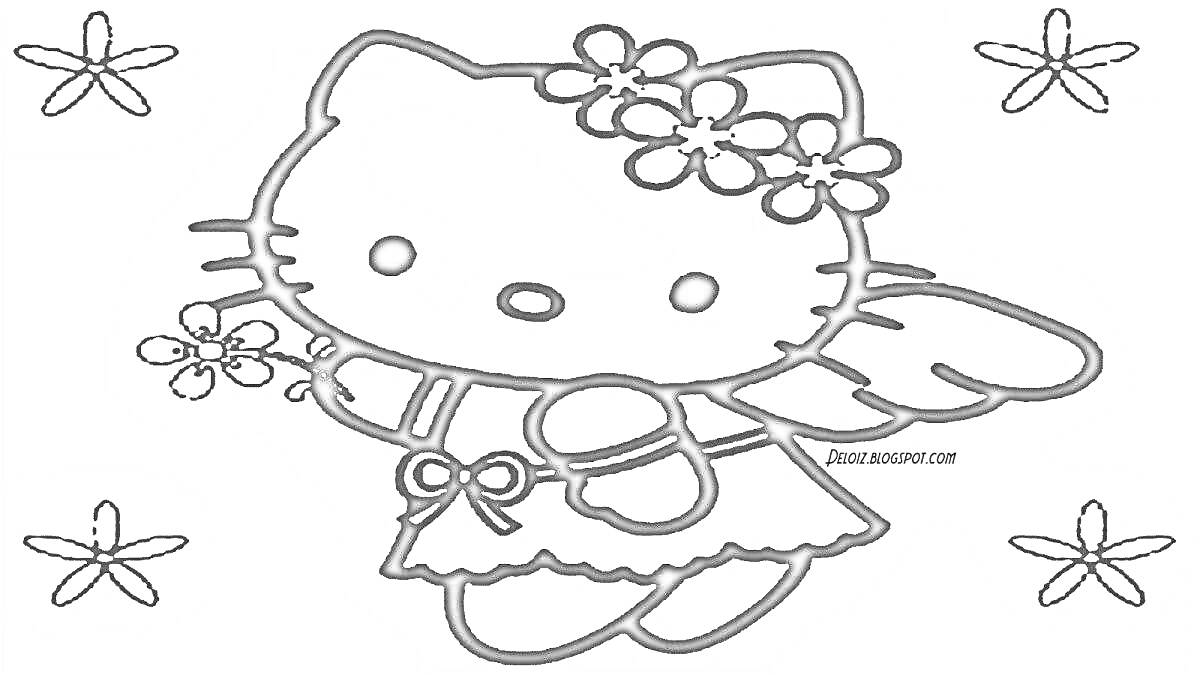 Раскраска Лягушка Хеллоу Китти в цветочном венке с крыльями и маленьким цветком в руке