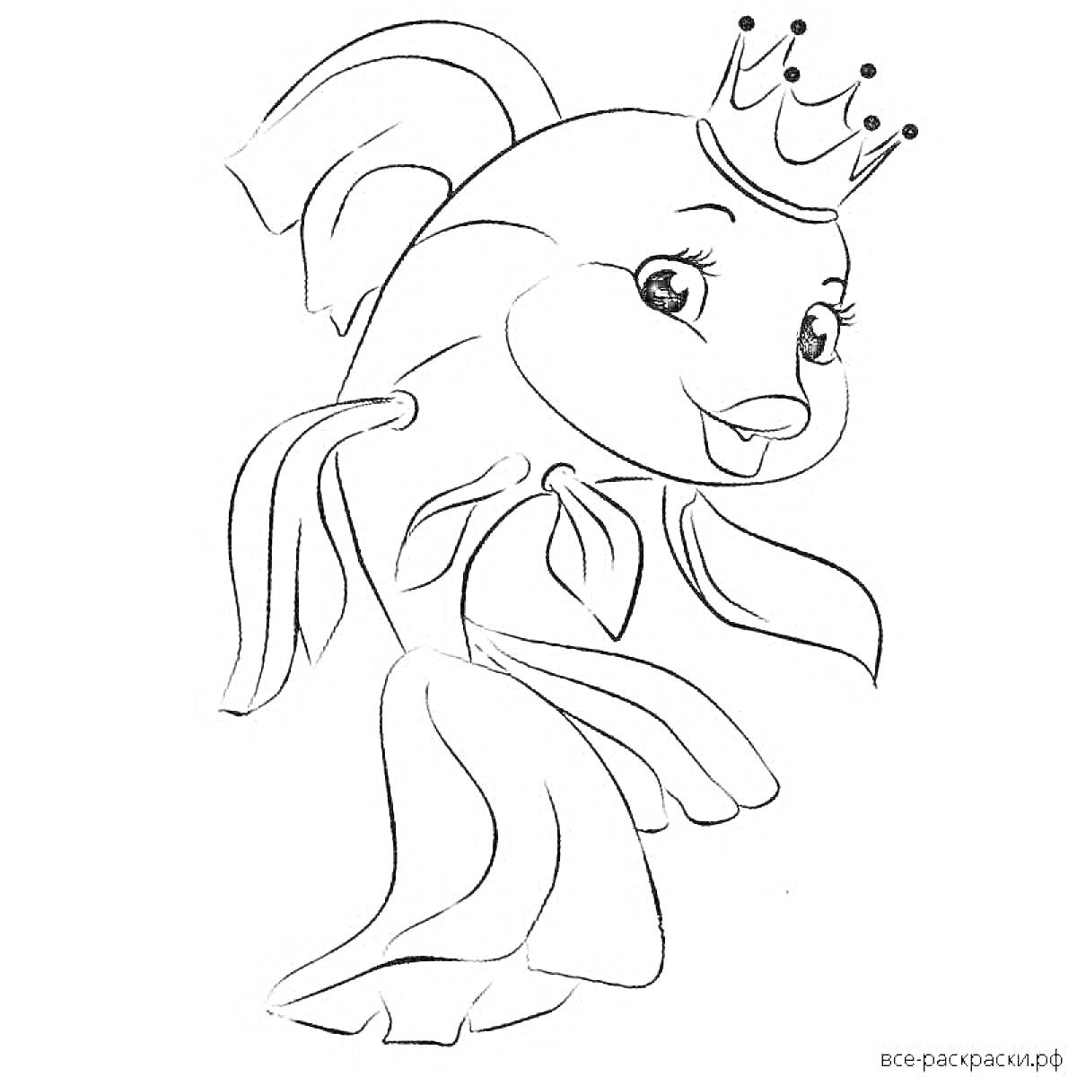 Раскраска Золотая рыбка с короной и большими плавниками
