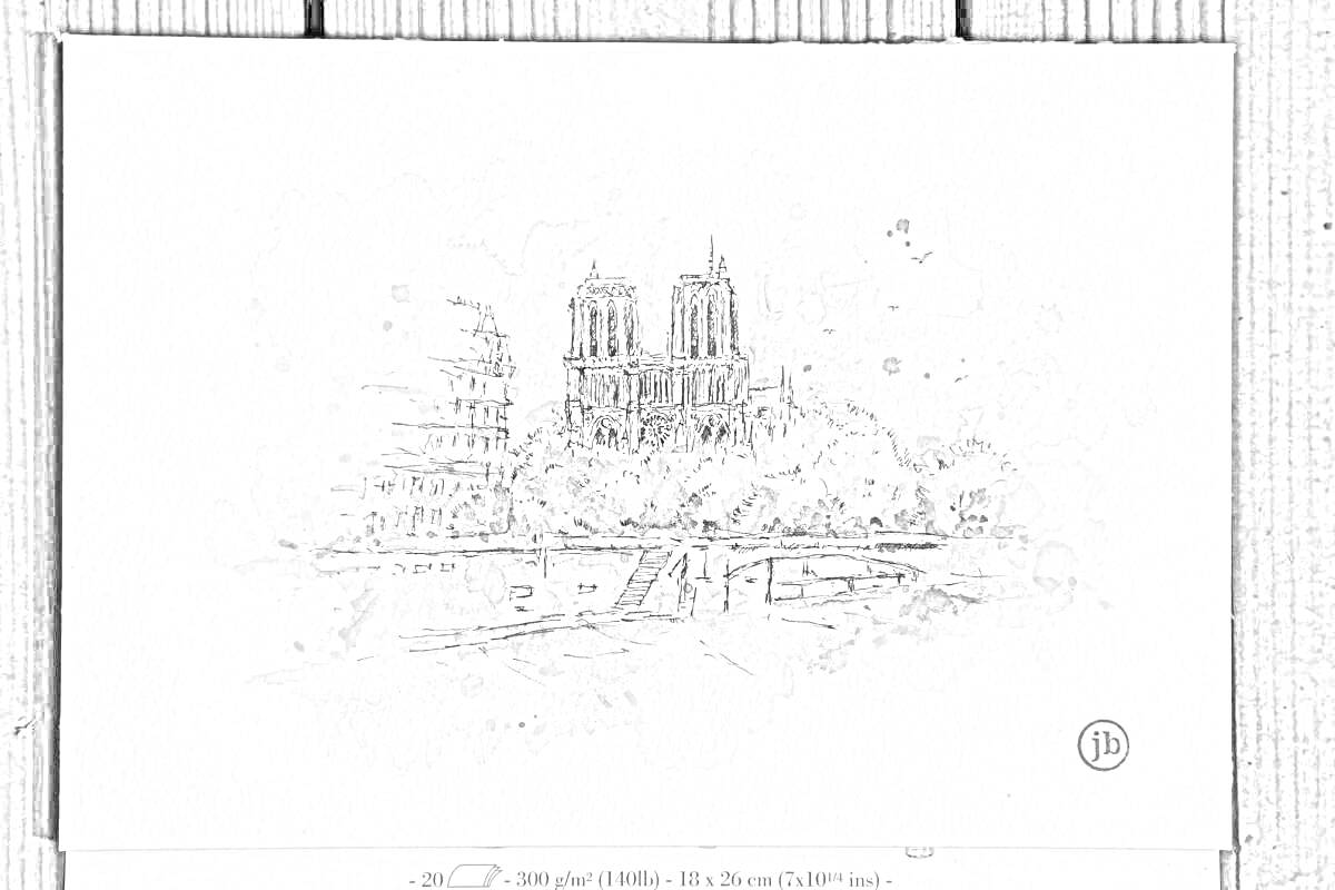 На раскраске изображено: Акварель, Мост, Архитектура, Париж, Городская сцена, Набросок