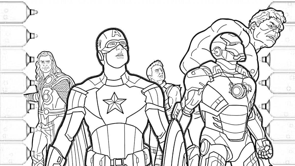 На раскраске изображено: Мстители, Супергерои, Тор, Капитан америка, Черная вдова, Железный человек, Халк, Для детей