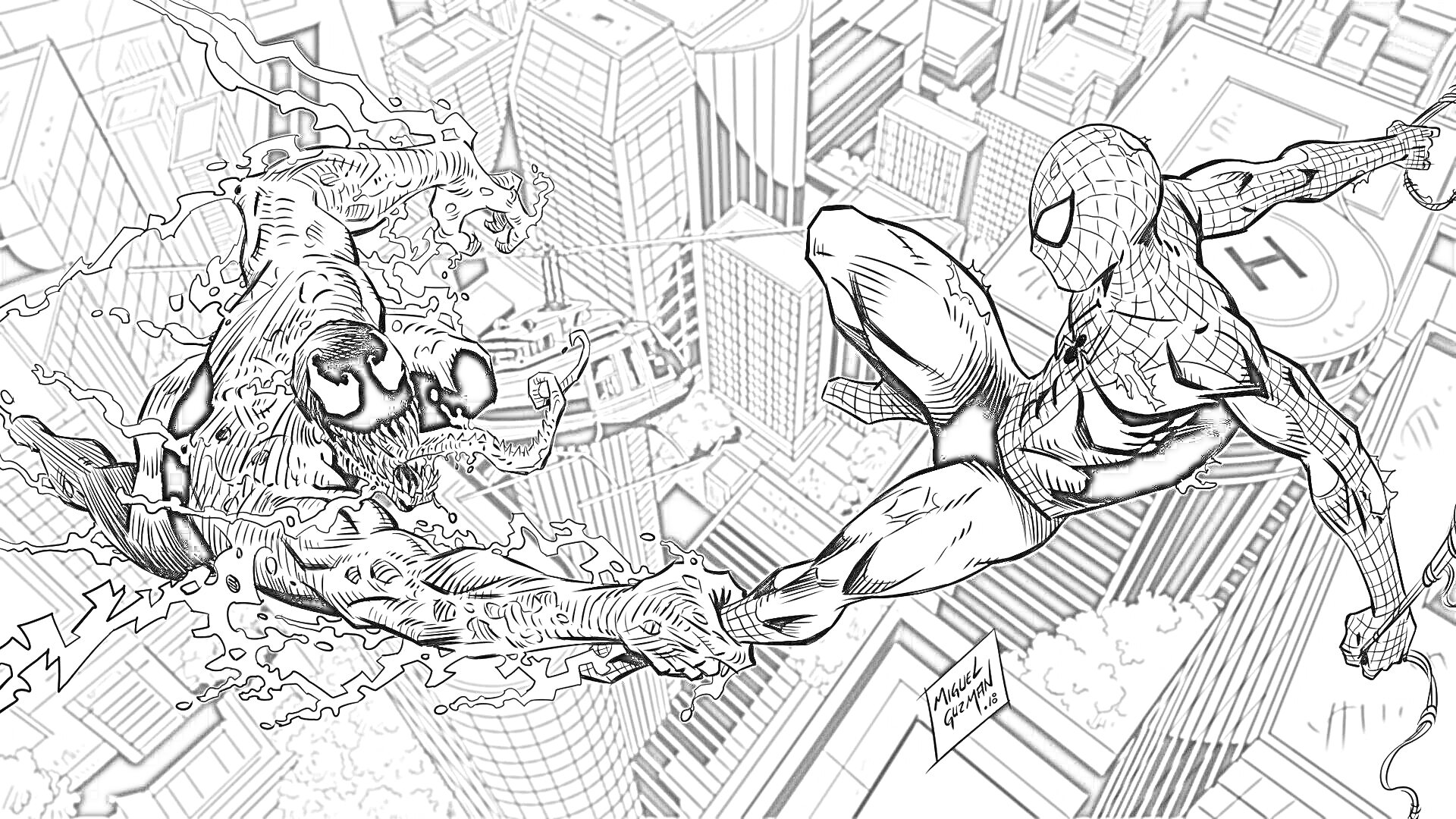 На раскраске изображено: Человек-паук, Веном, Битва, Супергерои