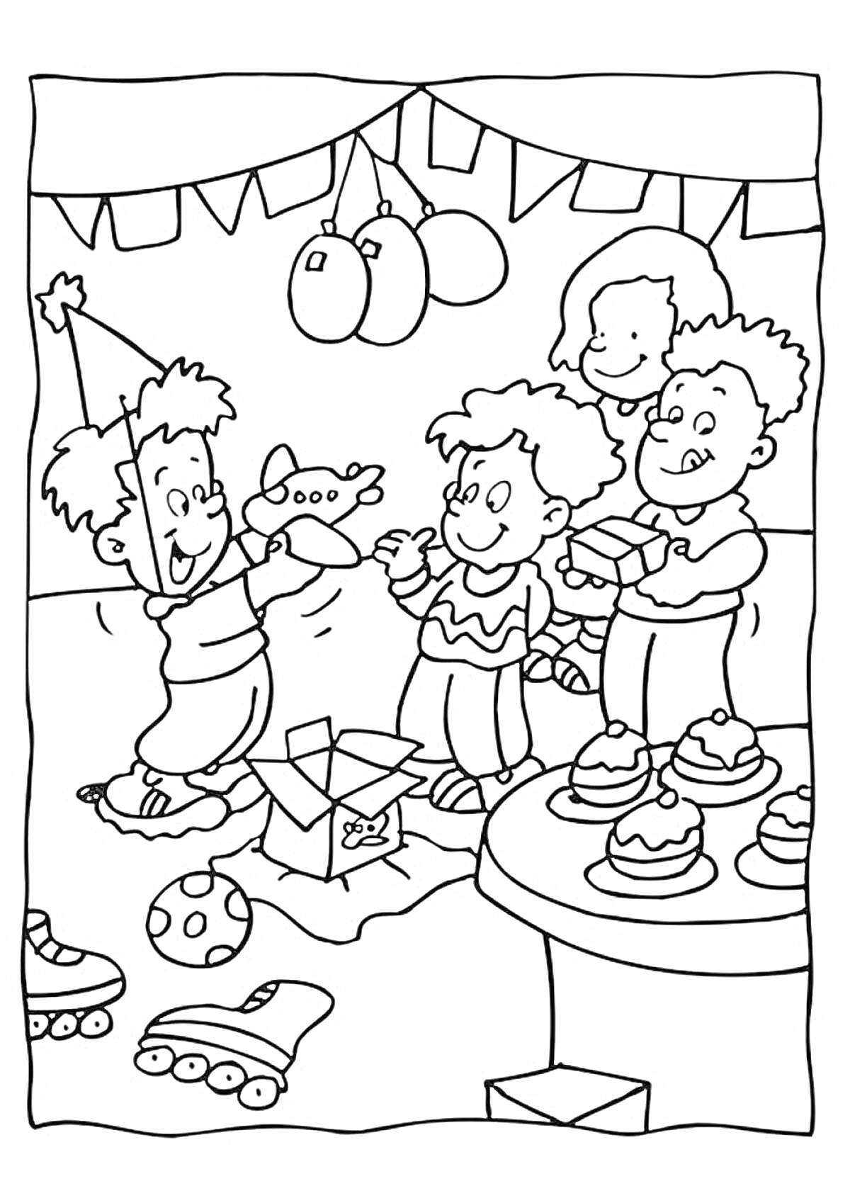 Раскраска Детская вечеринка с тортами, подарками, воздушными шарами и флажками