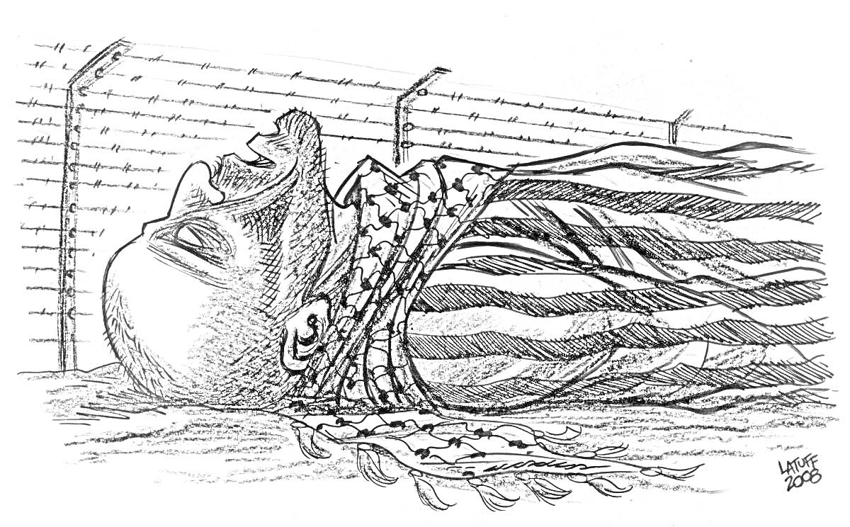 Раскраска Узник в полосатой робе лежит на земле возле колючей проволоки