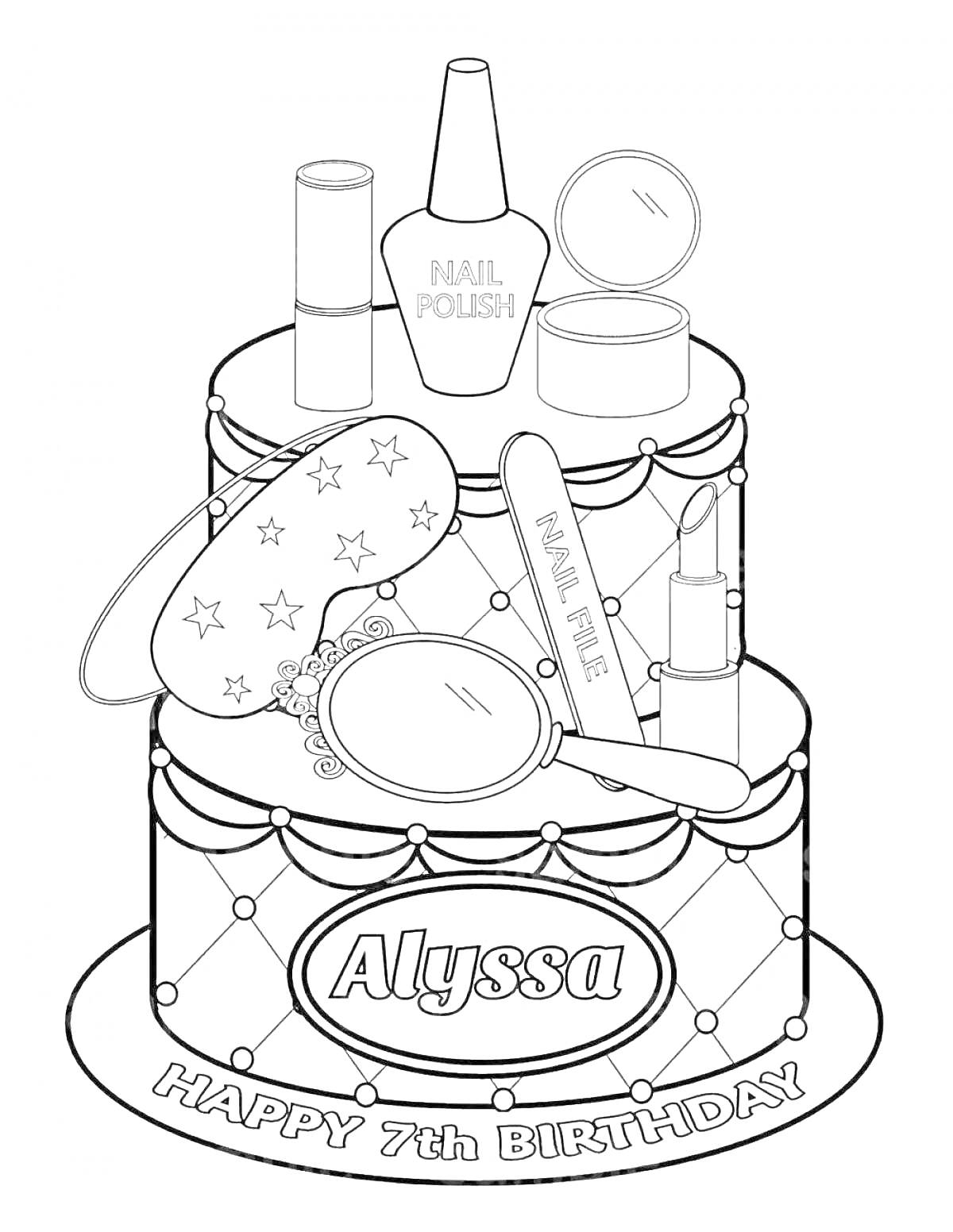 На раскраске изображено: Торт, День рождения, 7 лет, Лак для ногтей, Губная помада, Косметика