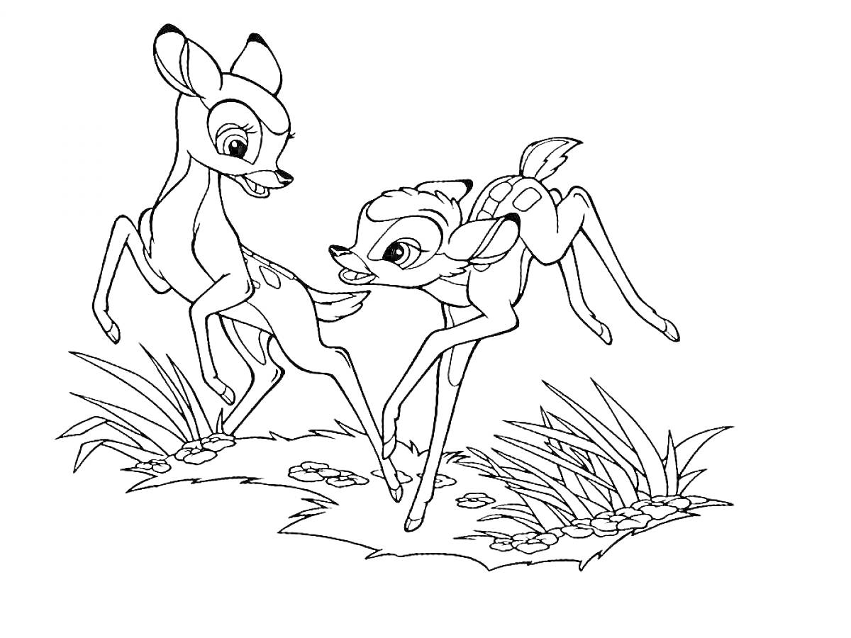 Раскраска Два олененка Бэмби играют на траве с камнями и растениями