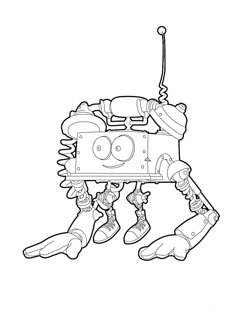 Робот с антеннами и большими руками в кроссовках