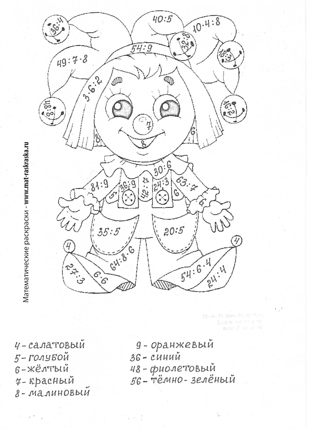 Раскраска Раскраска с таблицей умножения и деления в виде клоуна