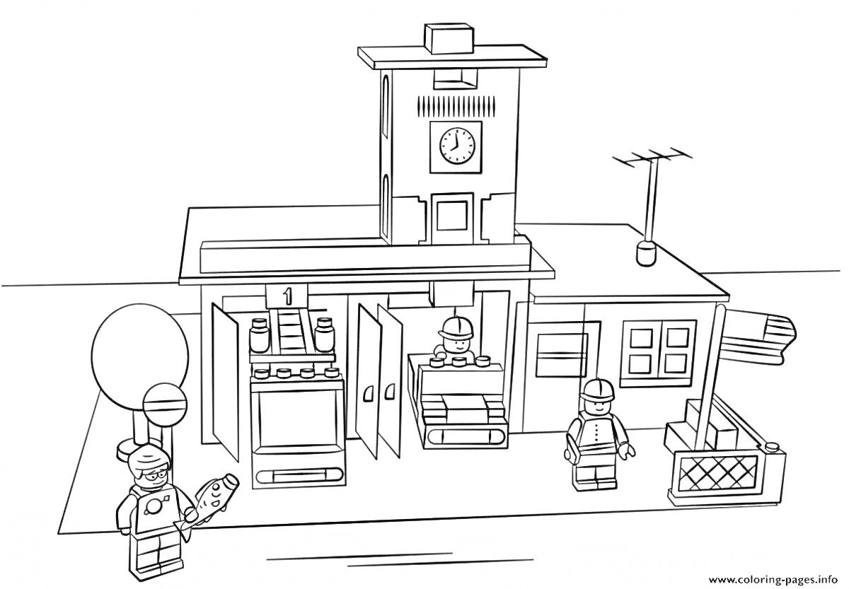 Раскраска Лего город: здание пожарной станции с часами, три минифигурки пожарных, пожарный автомобиль, дерево, антенна, ограждение