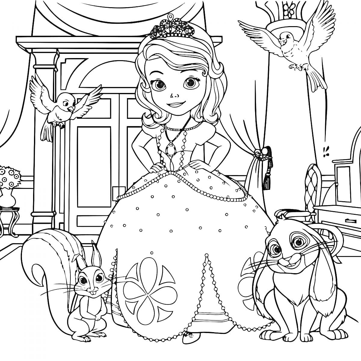 На раскраске изображено: Принцесса, Комната, Животные, Белка, Кролик, Корона, Платье, Для детей