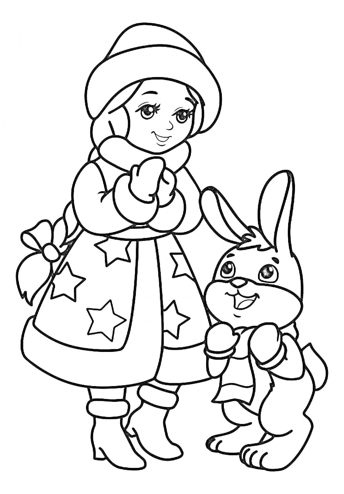 Раскраска Девочка в зимней одежде и заяц в шарфике