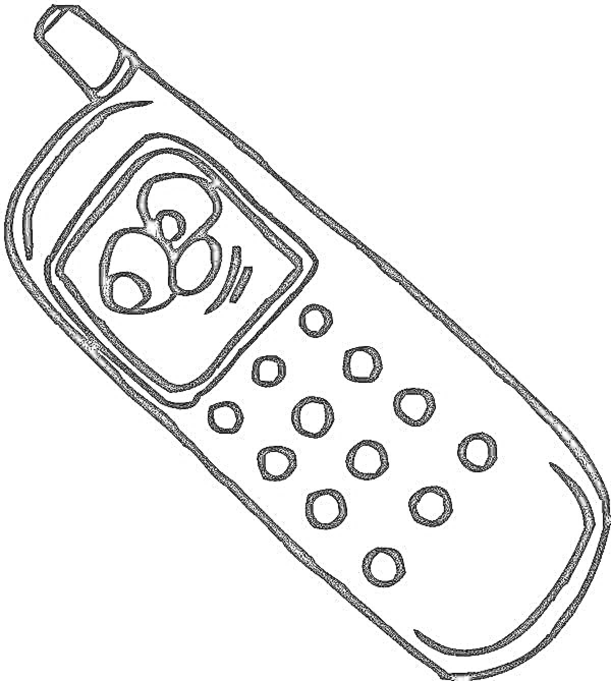 На раскраске изображено: Сотовый телефон, Кнопки, Экран, Мультяшные глаза, Техника, Мобильный телефон