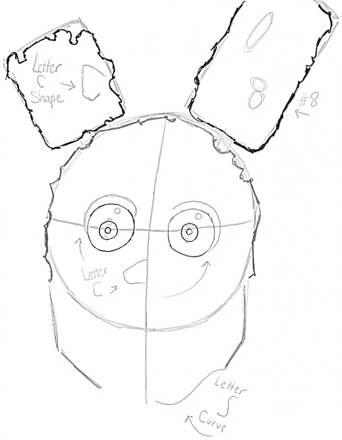 Раскраска эскиз головы Спригтрап с ушами, глазными кругами и текстовыми подписьями