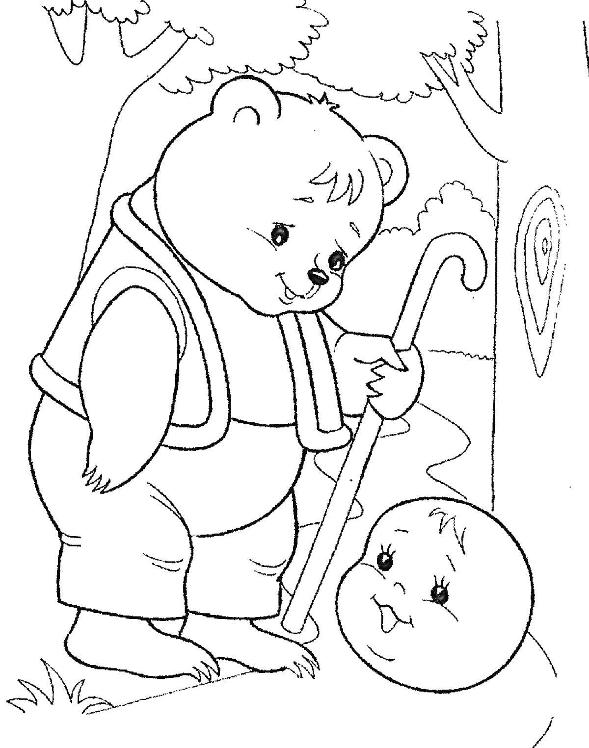 Раскраска Медведь и Колобок возле дерева