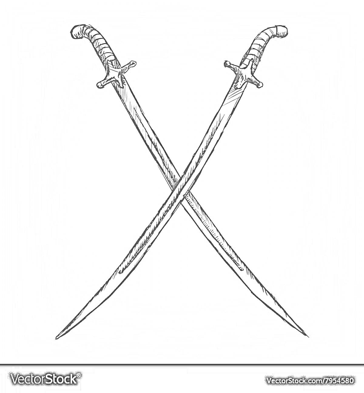 Раскраска Два пересекающихся изогнутых меча с рукоятками