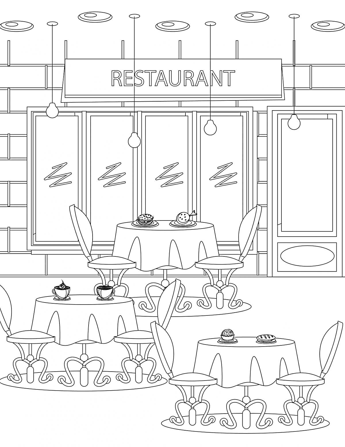 На раскраске изображено: Ресторан, Кафе, Еда, Окна, Дверь, Вывеска, Терраса