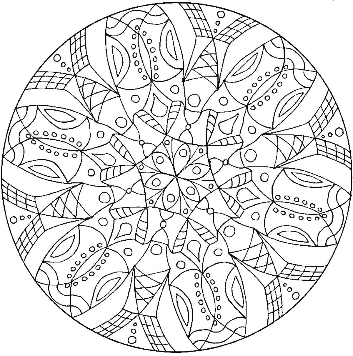 Раскраска мандала с симметричными узорами, состоящими из линий, точек и абстрактных фигур