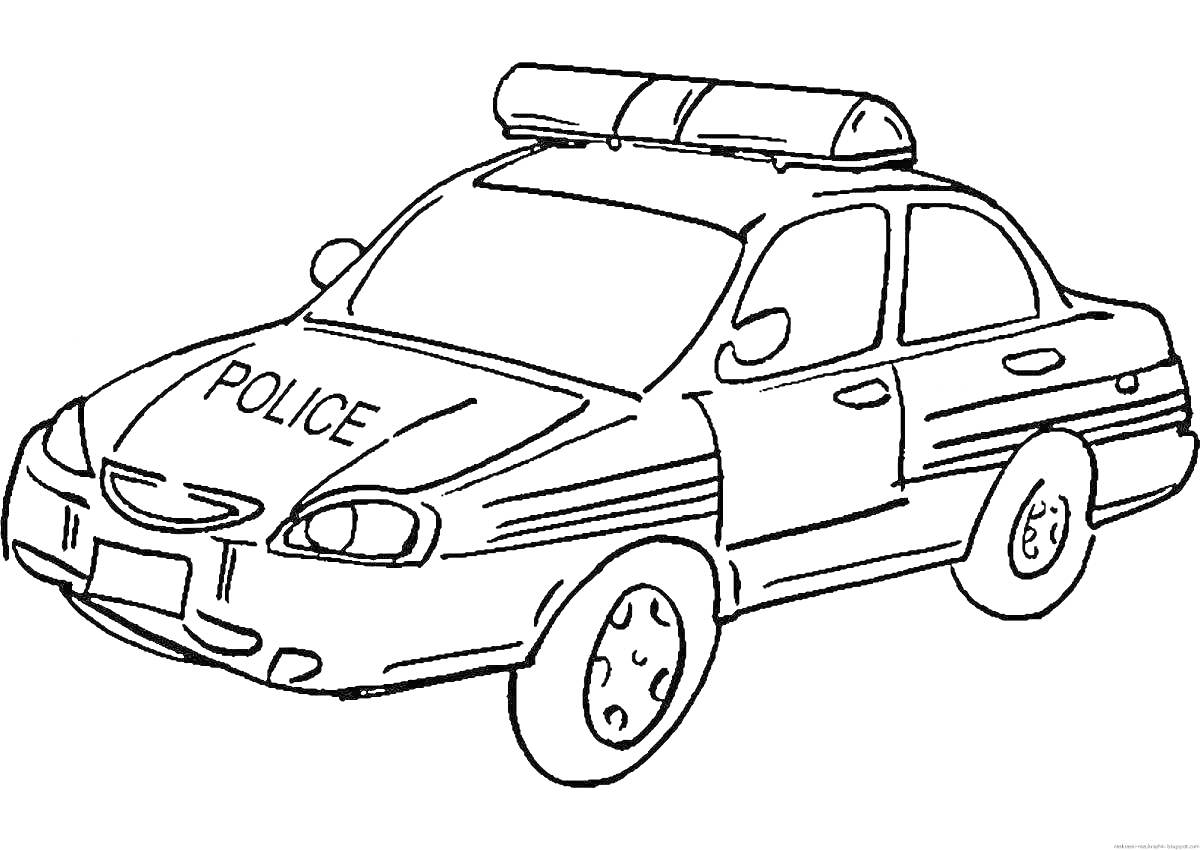 На раскраске изображено: Полицейская машина, Мигалки, Транспорт, Полиция