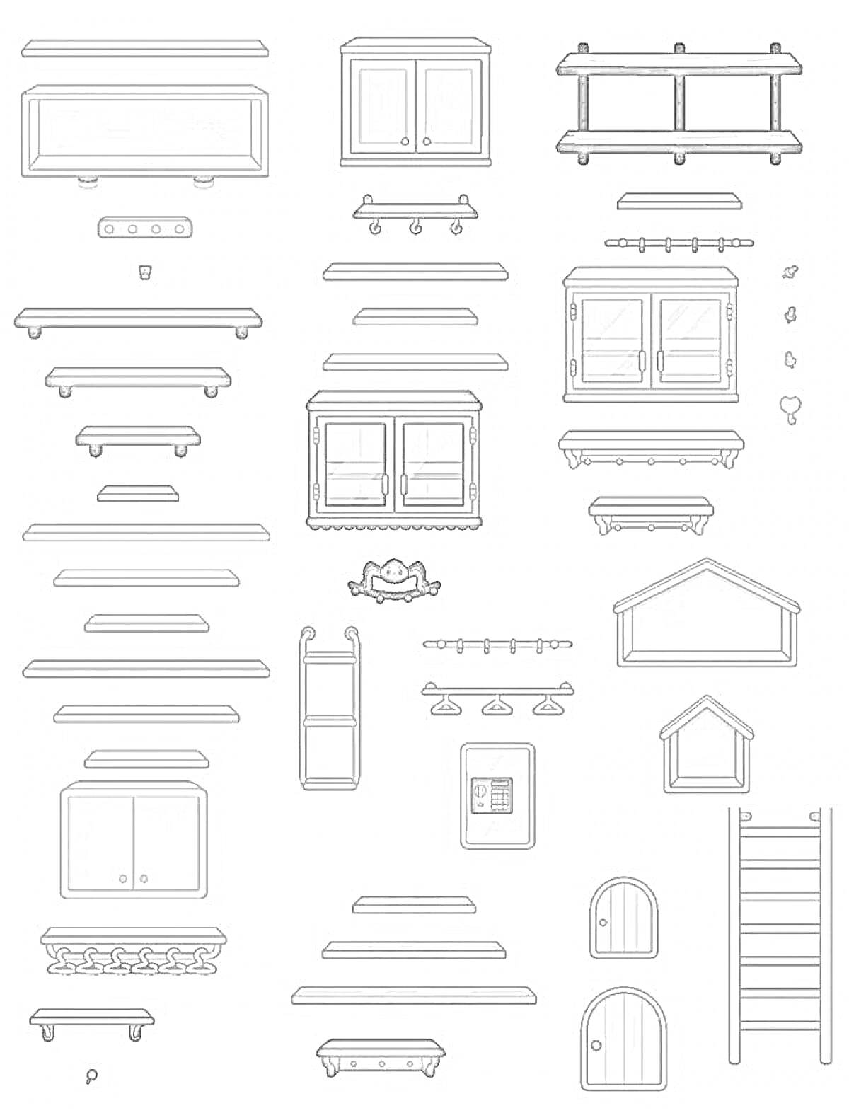 Раскраска Мебель для бумажного домика с комплектом шкафов, полок и дверей