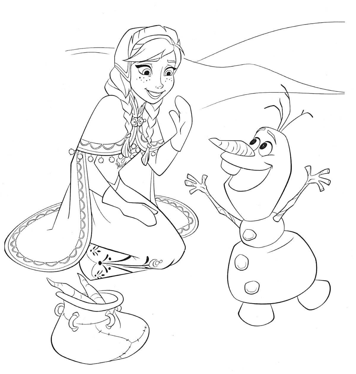 Раскраска Девушка с косичками и улыбающийся снеговик, с мешком на заднем плане и горы