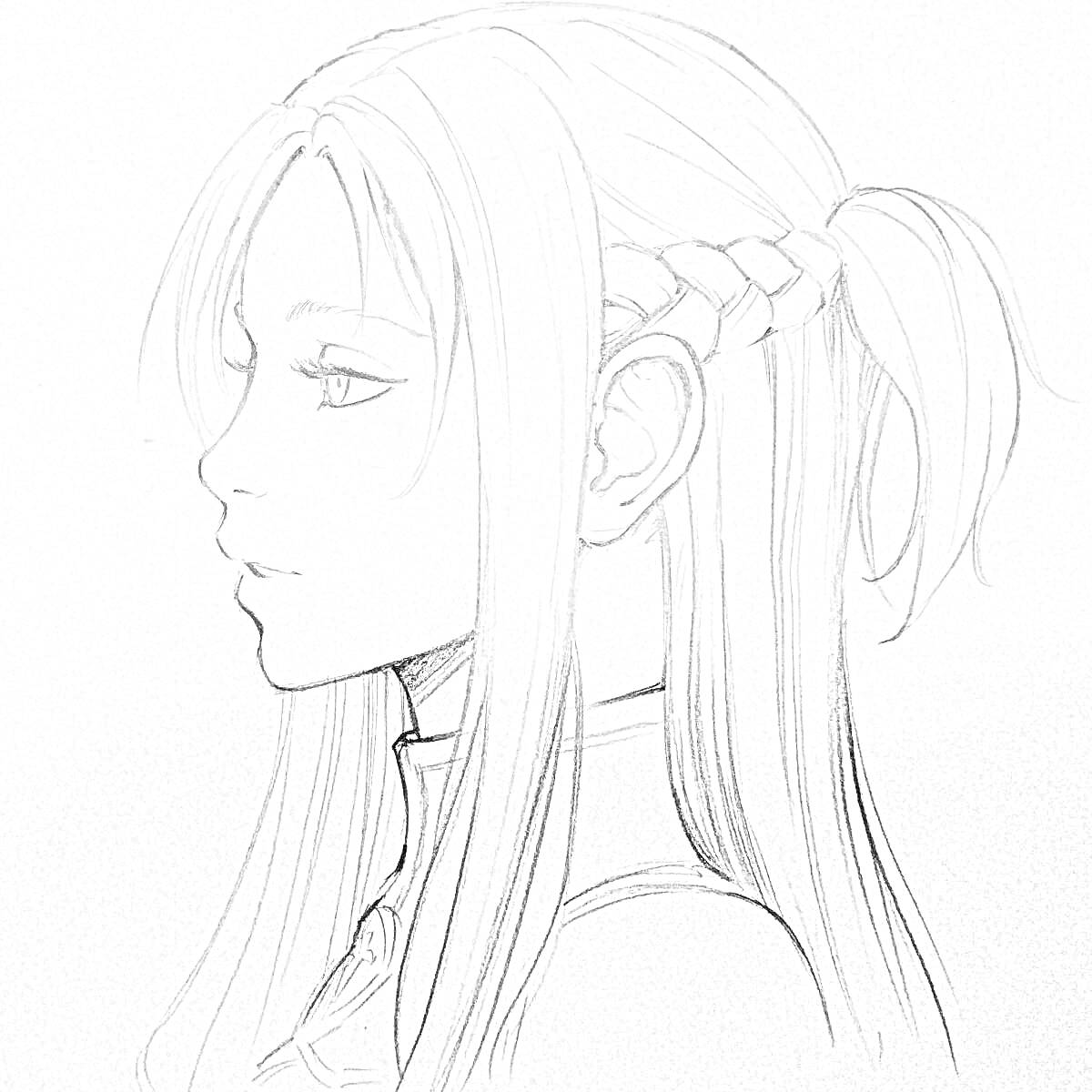 Раскраска Портрет аниме-девушки в профиль с длинными волосами и хвостиком