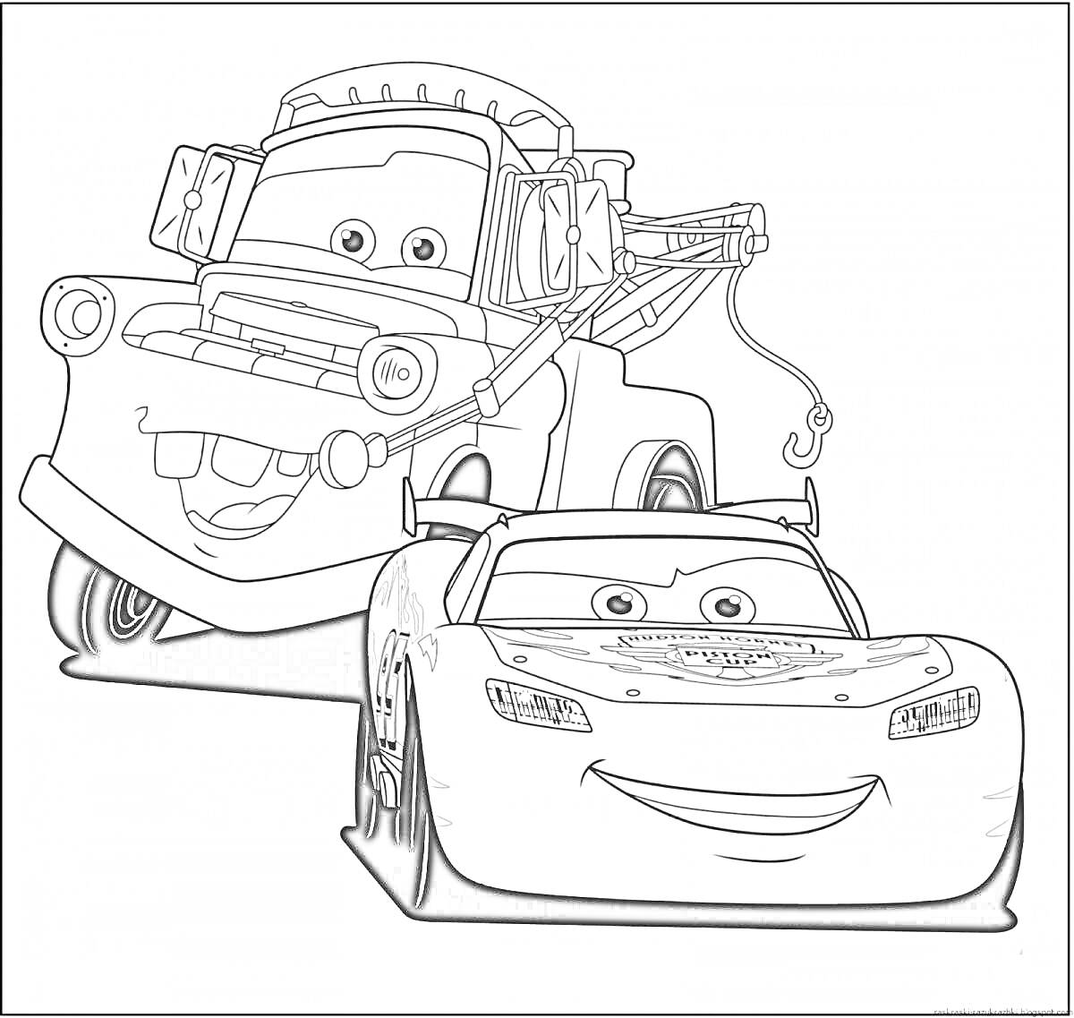 Раскраска Раскраска с персонажами: эвакуатор и гоночный автомобиль с глазами, улыбками и деталями на капоте