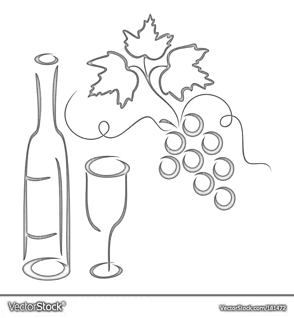 На раскраске изображено: Вино, Бутылка, Бокал, Виноград, Лоза, Листья, Гроздь винограда