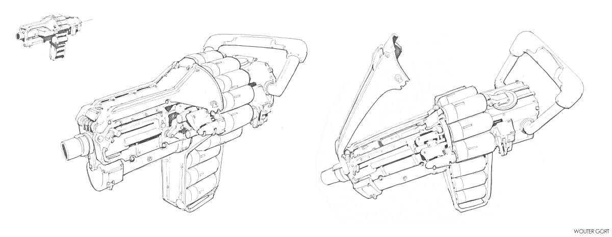 Раскраска Детальная иллюстрация базуки с ручкой и прицелом, передний и боковой виды