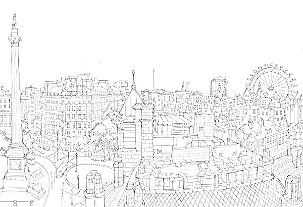На раскраске изображено: Лондон, Колесо обозрения, Городской пейзаж, Архитектура, Здания, Улицы, Достопримечательности