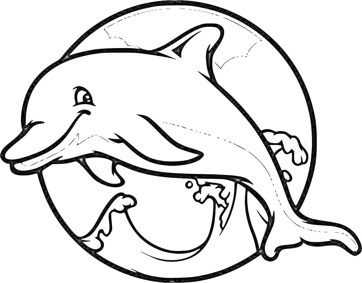 Раскраска Дельфин в воде на фоне круга