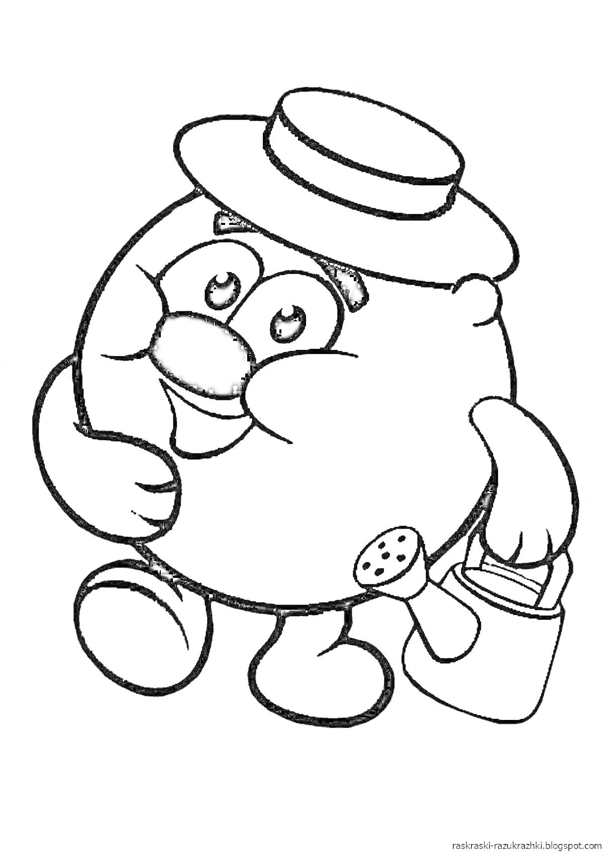 Раскраска Круглый персонаж в шляпе с лейкой и ведерком