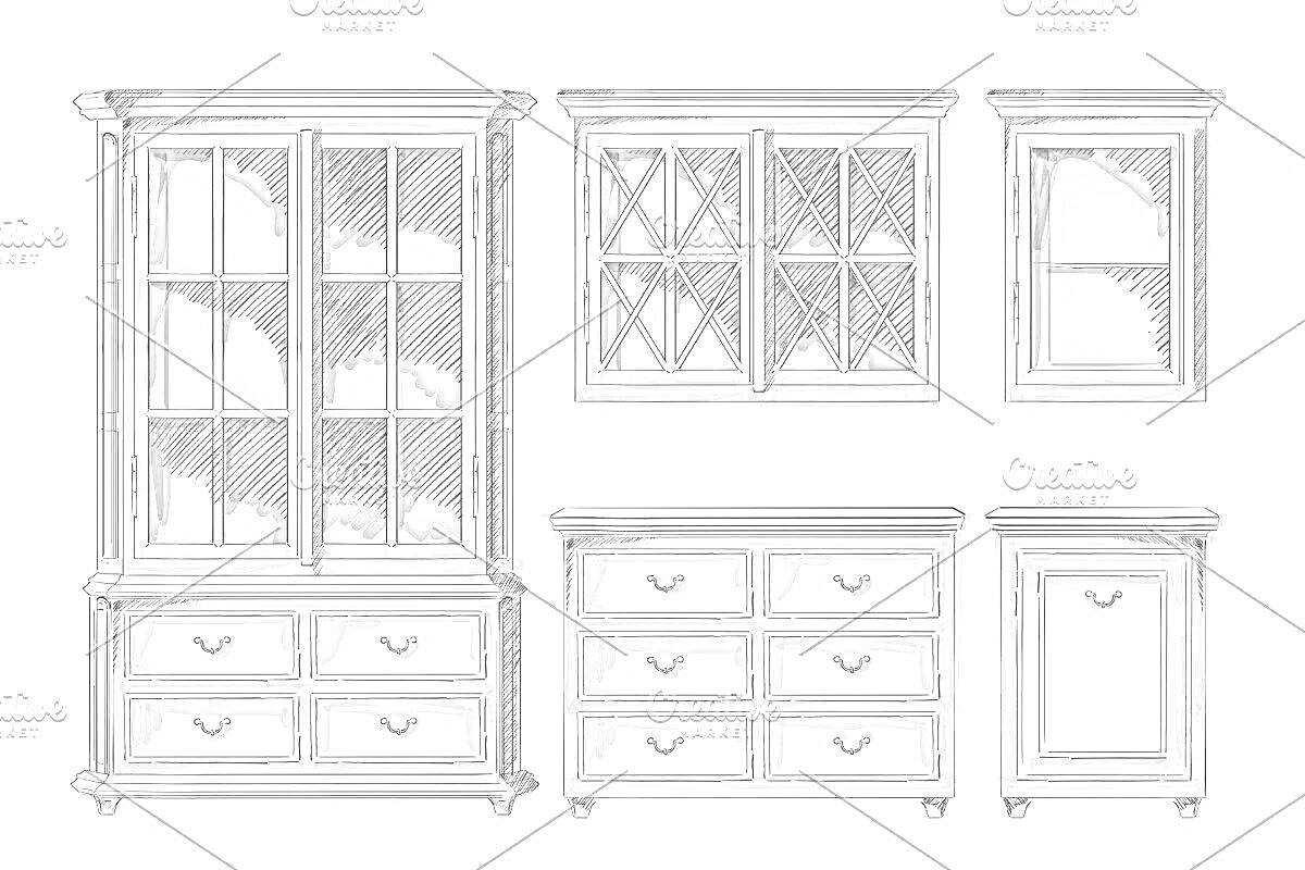 На раскраске изображено: Буфет, Витрина, Ящики, Мебель, Шкаф, Деревянная мебель