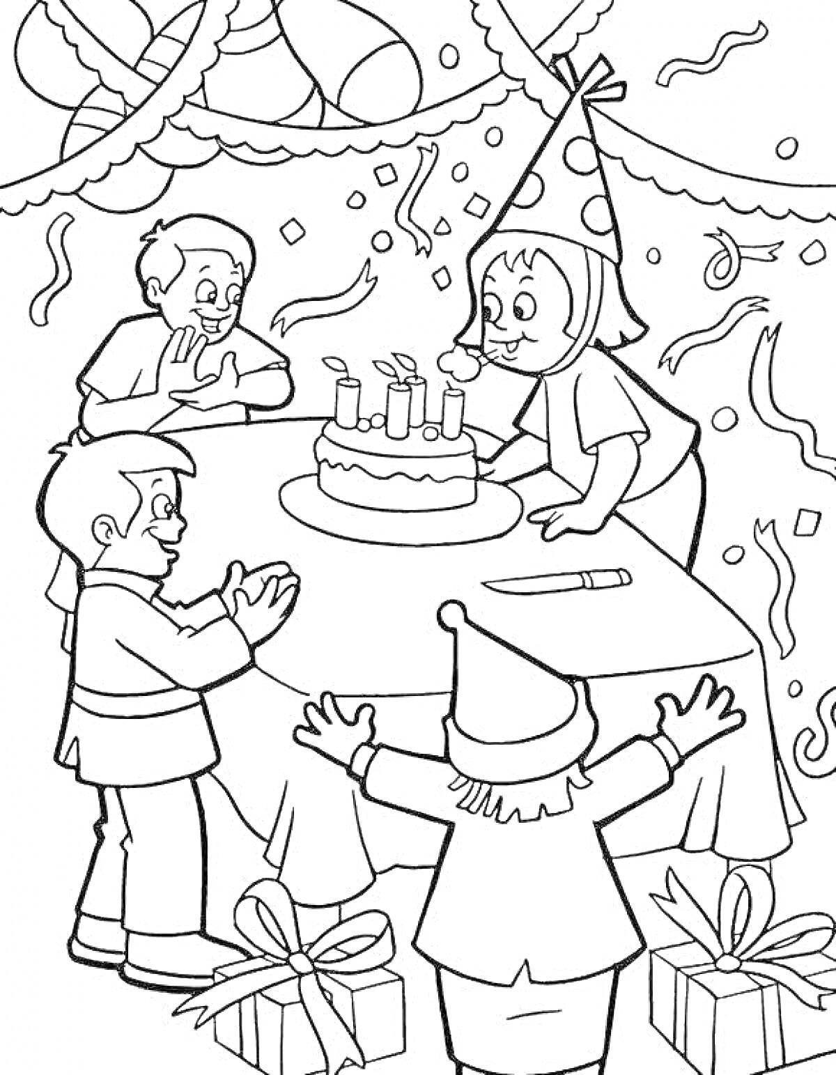 На раскраске изображено: День рождения, Торт, Свечи, Подарки, Колпаки, Конфетти, Веселье, Для детей, Праздники
