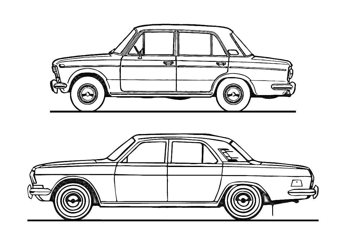 Раскраска Два контура автомобиля ВАЗ 2107 вид сбоку