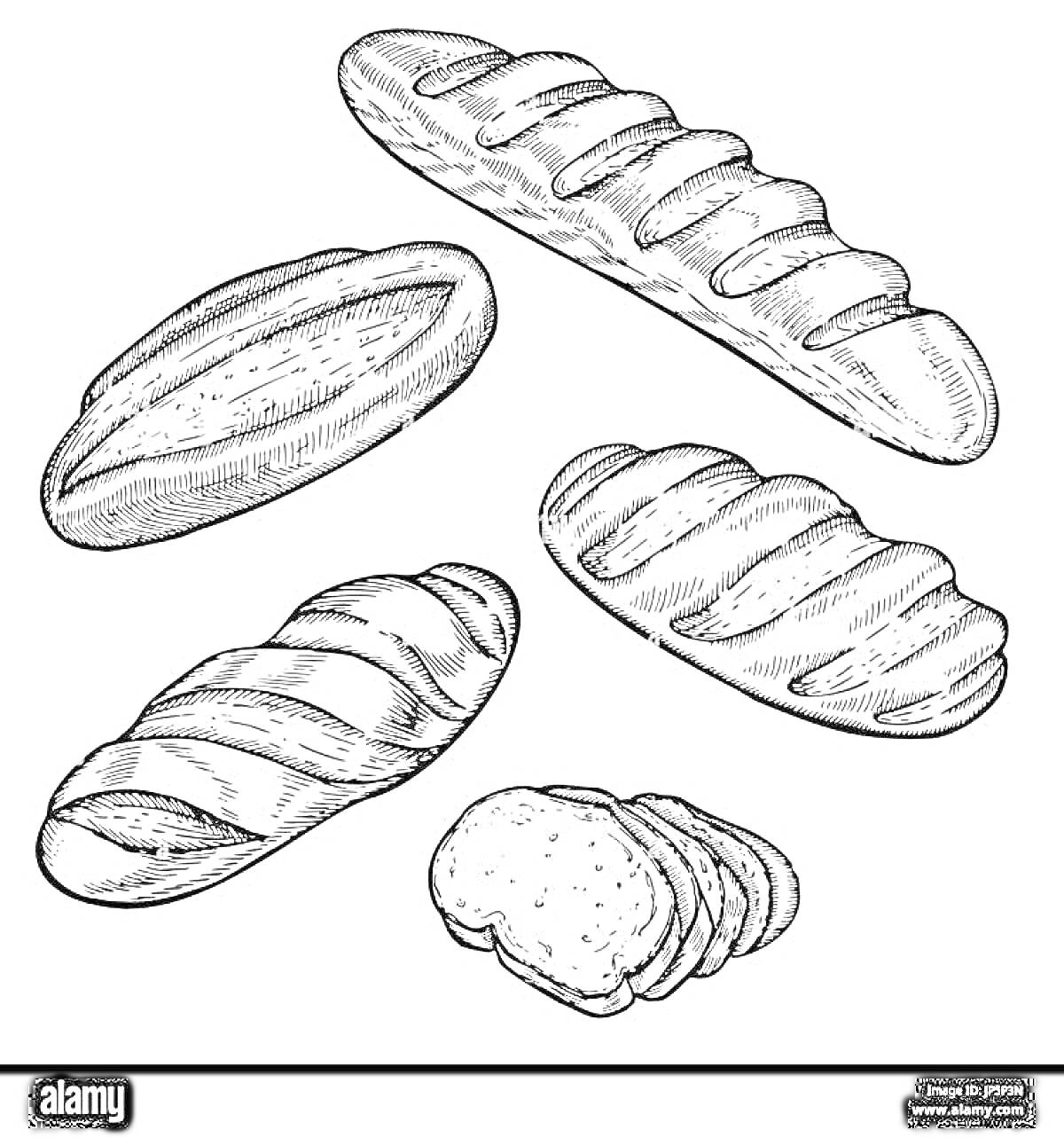 На раскраске изображено: Батон, Хлеб, Выпечка, Ломтики хлеба, Еда, Пекарня