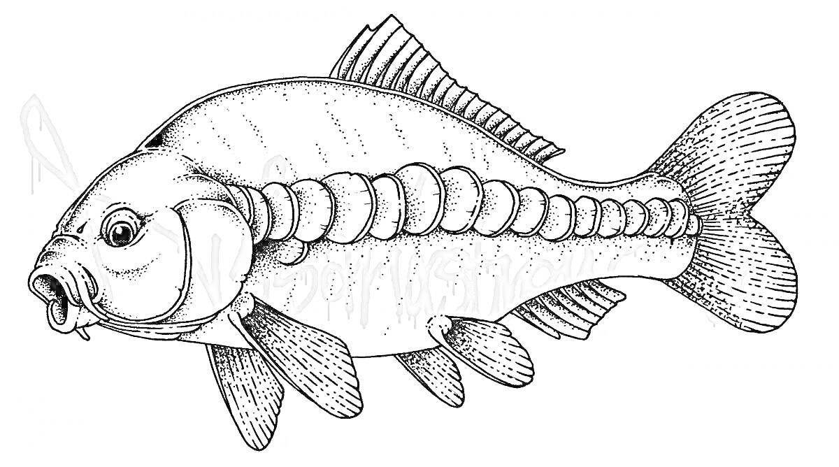 Раскраска Раскраска рыба с крупными чешуйками и плавниками.